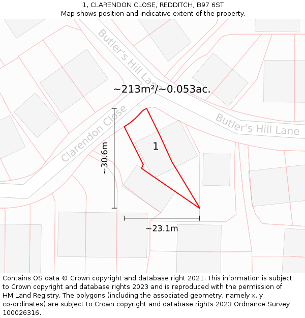 1, CLARENDON CLOSE, REDDITCH, B97 6ST: Plot and title map