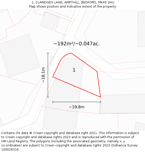 1, CLARIDGES LANE, AMPTHILL, BEDFORD, MK45 2HU: Plot and title map