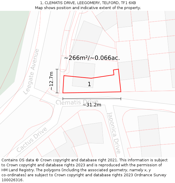 1, CLEMATIS DRIVE, LEEGOMERY, TELFORD, TF1 6XB: Plot and title map