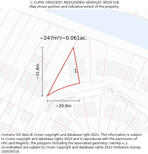 1, CLIFFE CRESCENT, RIDDLESDEN, KEIGHLEY, BD20 5LB: Plot and title map