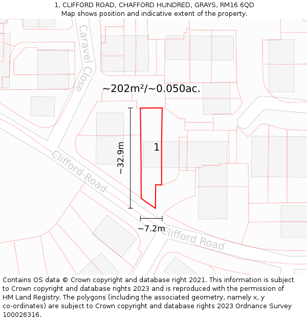 1, CLIFFORD ROAD, CHAFFORD HUNDRED, GRAYS, RM16 6QD: Plot and title map