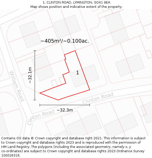 1, CLINTON ROAD, LYMINGTON, SO41 9EA: Plot and title map