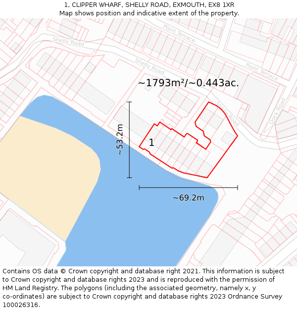 1, CLIPPER WHARF, SHELLY ROAD, EXMOUTH, EX8 1XR: Plot and title map