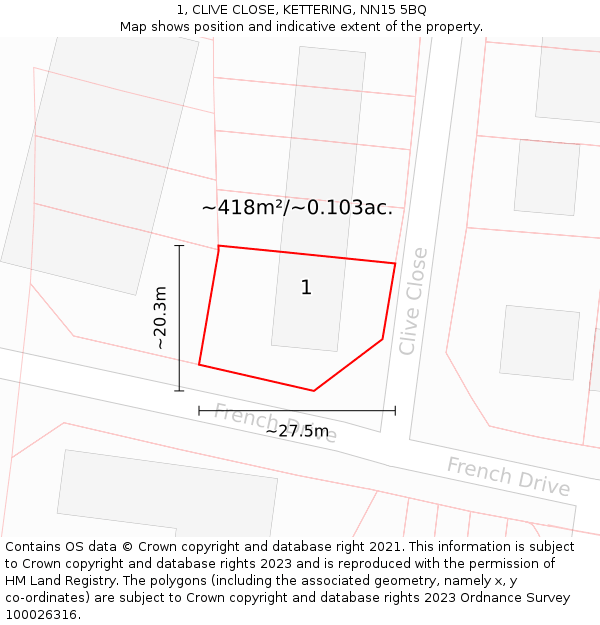 1, CLIVE CLOSE, KETTERING, NN15 5BQ: Plot and title map