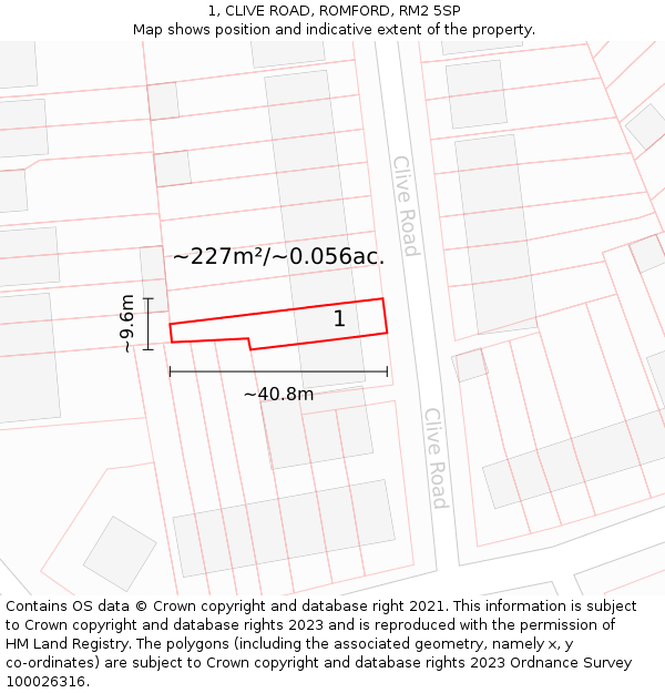 1, CLIVE ROAD, ROMFORD, RM2 5SP: Plot and title map