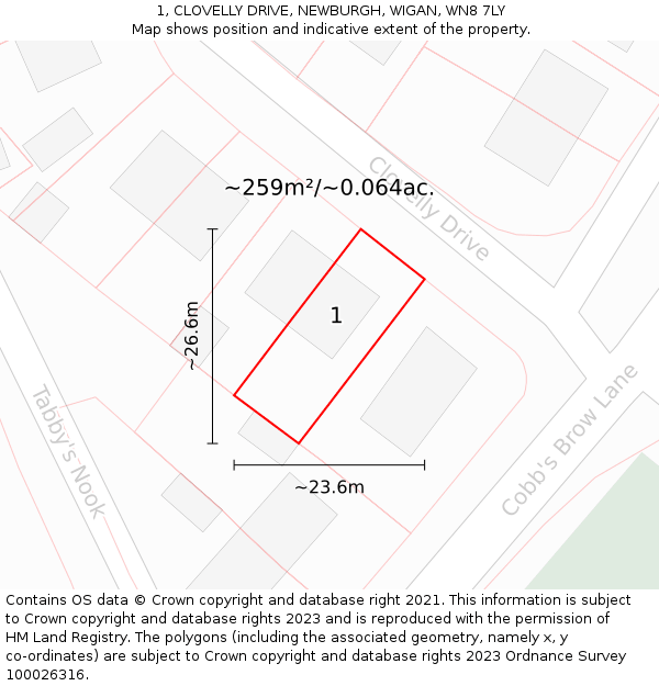 1, CLOVELLY DRIVE, NEWBURGH, WIGAN, WN8 7LY: Plot and title map
