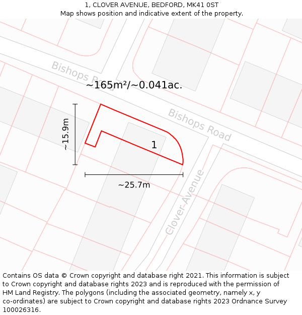 1, CLOVER AVENUE, BEDFORD, MK41 0ST: Plot and title map