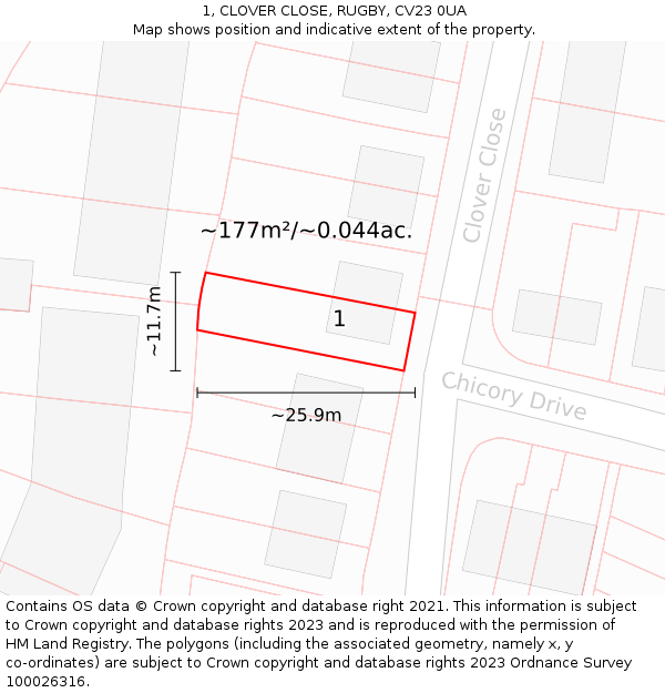 1, CLOVER CLOSE, RUGBY, CV23 0UA: Plot and title map