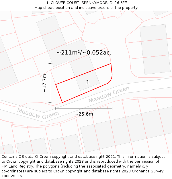 1, CLOVER COURT, SPENNYMOOR, DL16 6FE: Plot and title map
