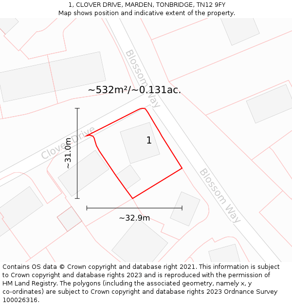 1, CLOVER DRIVE, MARDEN, TONBRIDGE, TN12 9FY: Plot and title map
