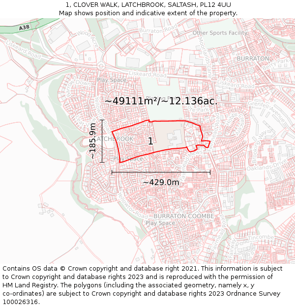 1, CLOVER WALK, LATCHBROOK, SALTASH, PL12 4UU: Plot and title map