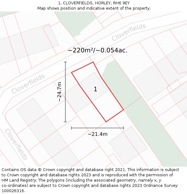 1, CLOVERFIELDS, HORLEY, RH6 9EY: Plot and title map