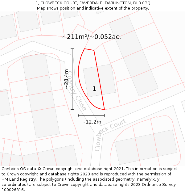 1, CLOWBECK COURT, FAVERDALE, DARLINGTON, DL3 0BQ: Plot and title map