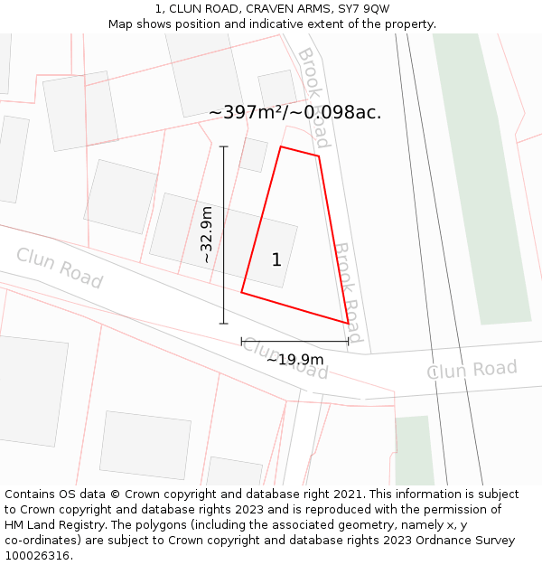 1, CLUN ROAD, CRAVEN ARMS, SY7 9QW: Plot and title map