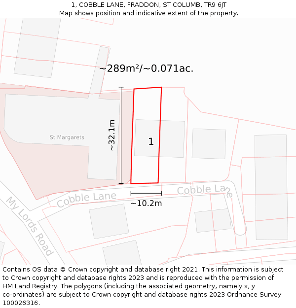1, COBBLE LANE, FRADDON, ST COLUMB, TR9 6JT: Plot and title map