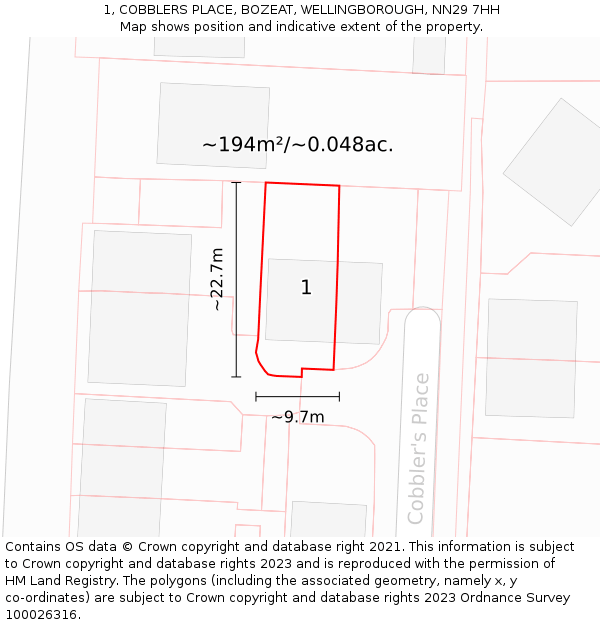 1, COBBLERS PLACE, BOZEAT, WELLINGBOROUGH, NN29 7HH: Plot and title map