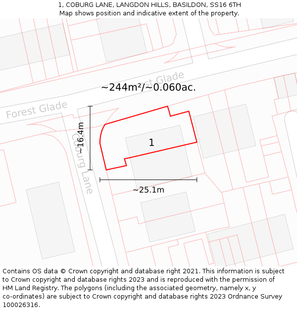 1, COBURG LANE, LANGDON HILLS, BASILDON, SS16 6TH: Plot and title map