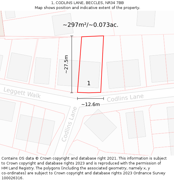 1, CODLINS LANE, BECCLES, NR34 7BB: Plot and title map