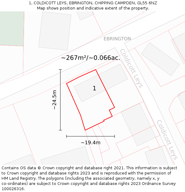 1, COLDICOTT LEYS, EBRINGTON, CHIPPING CAMPDEN, GL55 6NZ: Plot and title map
