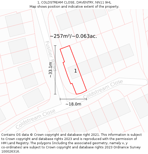1, COLDSTREAM CLOSE, DAVENTRY, NN11 9HL: Plot and title map