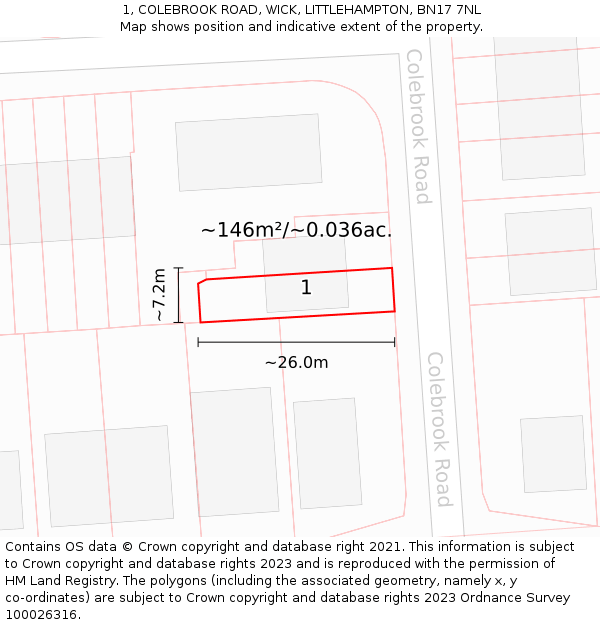 1, COLEBROOK ROAD, WICK, LITTLEHAMPTON, BN17 7NL: Plot and title map