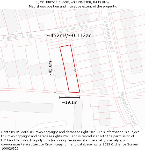 1, COLERIDGE CLOSE, WARMINSTER, BA12 8HW: Plot and title map