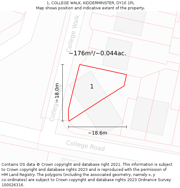 1, COLLEGE WALK, KIDDERMINSTER, DY10 1PL: Plot and title map