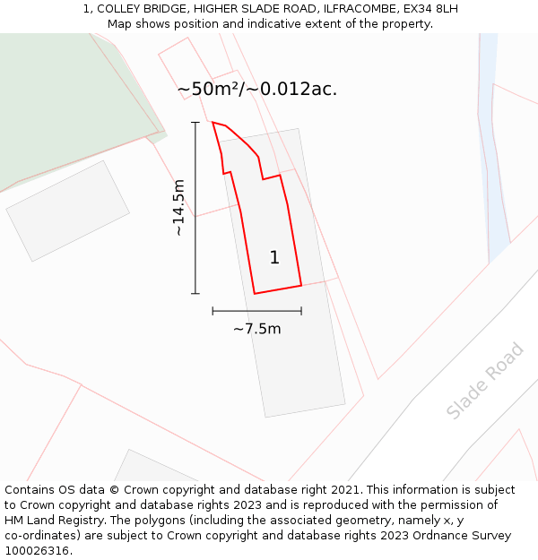 1, COLLEY BRIDGE, HIGHER SLADE ROAD, ILFRACOMBE, EX34 8LH: Plot and title map