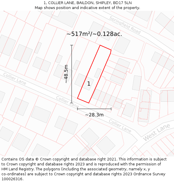 1, COLLIER LANE, BAILDON, SHIPLEY, BD17 5LN: Plot and title map