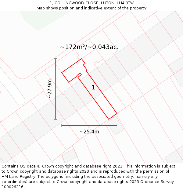 1, COLLINGWOOD CLOSE, LUTON, LU4 9TW: Plot and title map