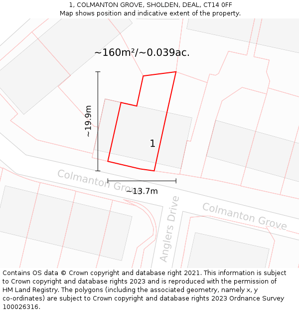1, COLMANTON GROVE, SHOLDEN, DEAL, CT14 0FF: Plot and title map