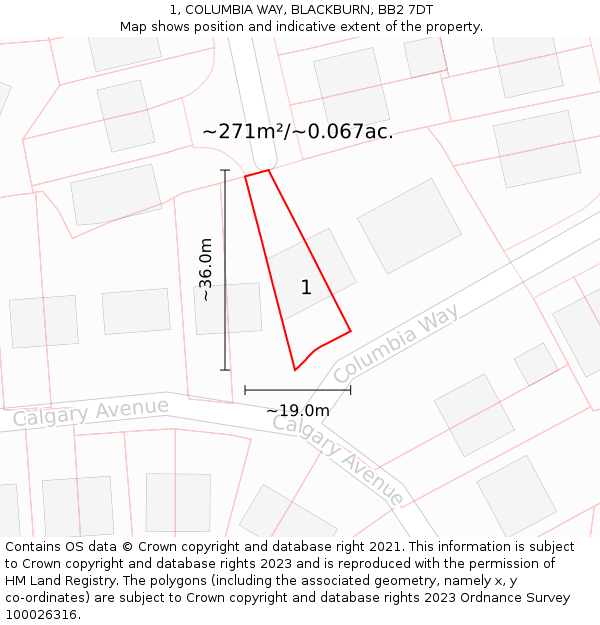 1, COLUMBIA WAY, BLACKBURN, BB2 7DT: Plot and title map