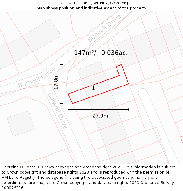 1, COLWELL DRIVE, WITNEY, OX28 5NJ: Plot and title map