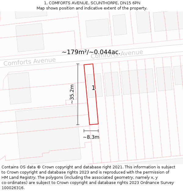 1, COMFORTS AVENUE, SCUNTHORPE, DN15 6PN: Plot and title map