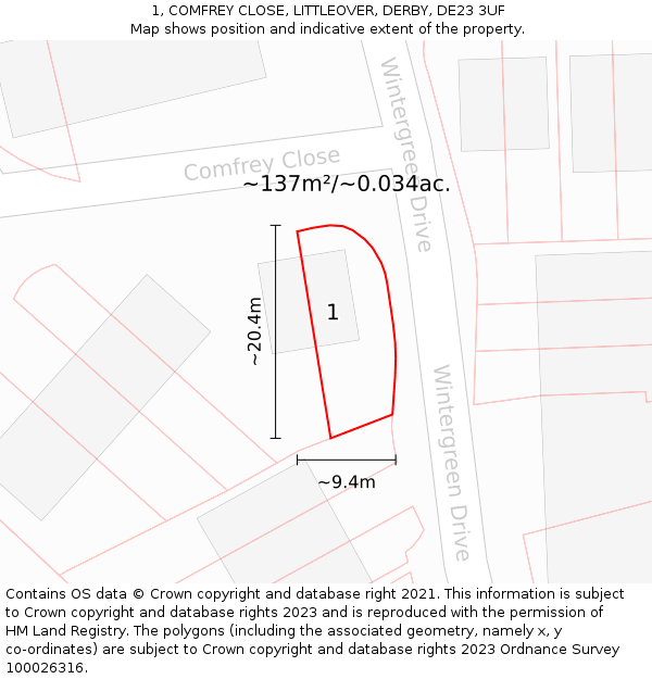 1, COMFREY CLOSE, LITTLEOVER, DERBY, DE23 3UF: Plot and title map