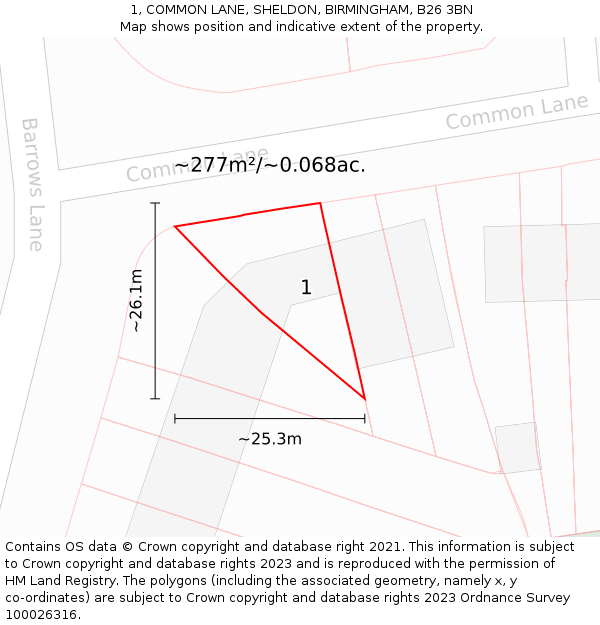 1, COMMON LANE, SHELDON, BIRMINGHAM, B26 3BN: Plot and title map