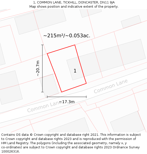 1, COMMON LANE, TICKHILL, DONCASTER, DN11 9JA: Plot and title map