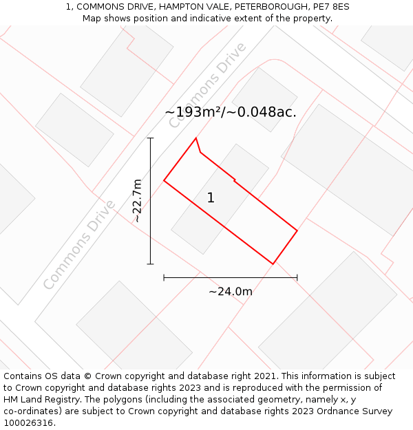 1, COMMONS DRIVE, HAMPTON VALE, PETERBOROUGH, PE7 8ES: Plot and title map