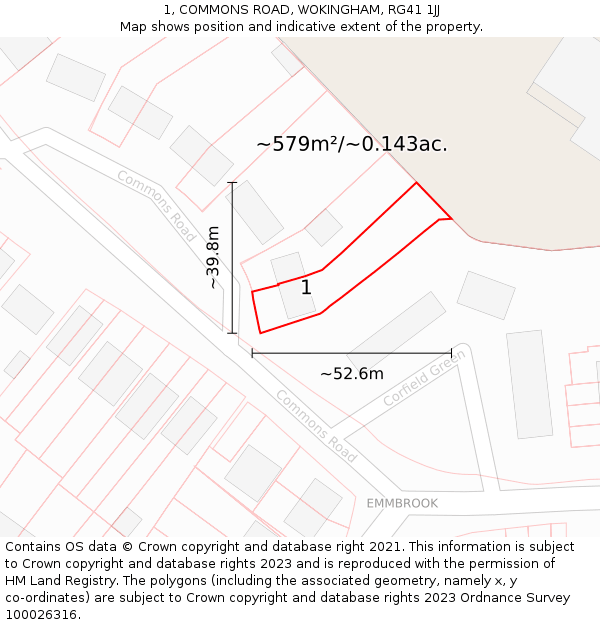 1, COMMONS ROAD, WOKINGHAM, RG41 1JJ: Plot and title map