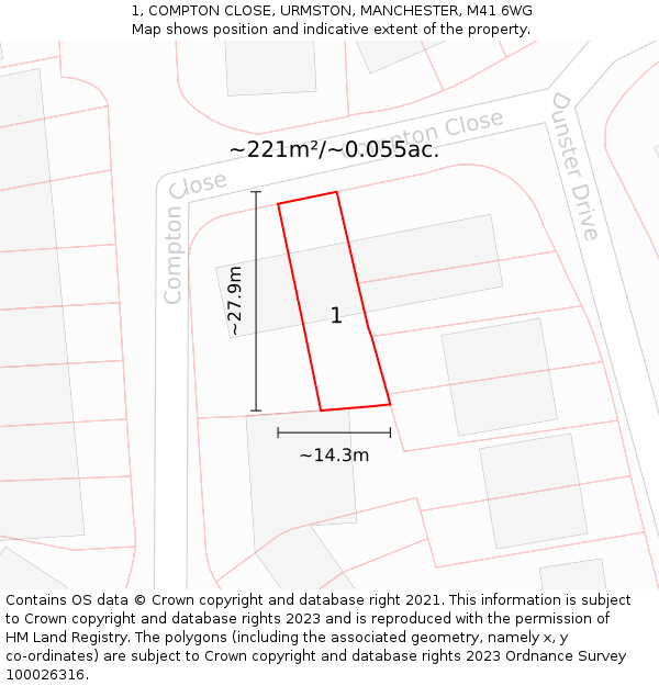 1, COMPTON CLOSE, URMSTON, MANCHESTER, M41 6WG: Plot and title map