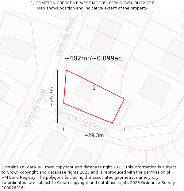 1, COMPTON CRESCENT, WEST MOORS, FERNDOWN, BH22 0BZ: Plot and title map