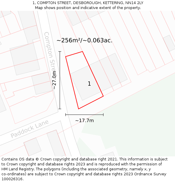 1, COMPTON STREET, DESBOROUGH, KETTERING, NN14 2LY: Plot and title map
