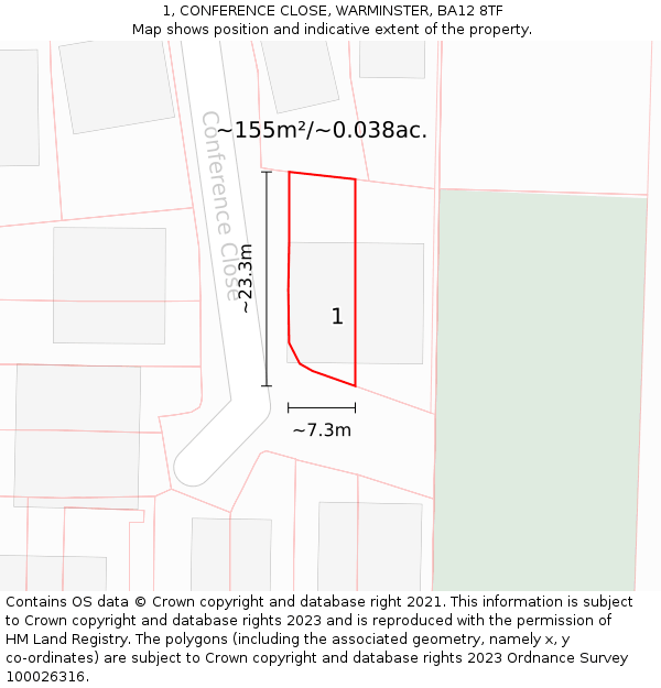 1, CONFERENCE CLOSE, WARMINSTER, BA12 8TF: Plot and title map