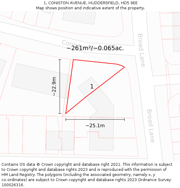 1, CONISTON AVENUE, HUDDERSFIELD, HD5 9EE: Plot and title map