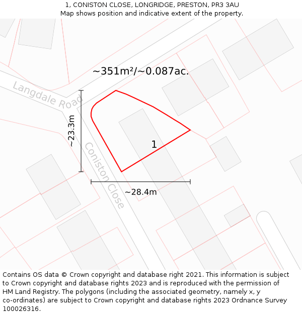 1, CONISTON CLOSE, LONGRIDGE, PRESTON, PR3 3AU: Plot and title map