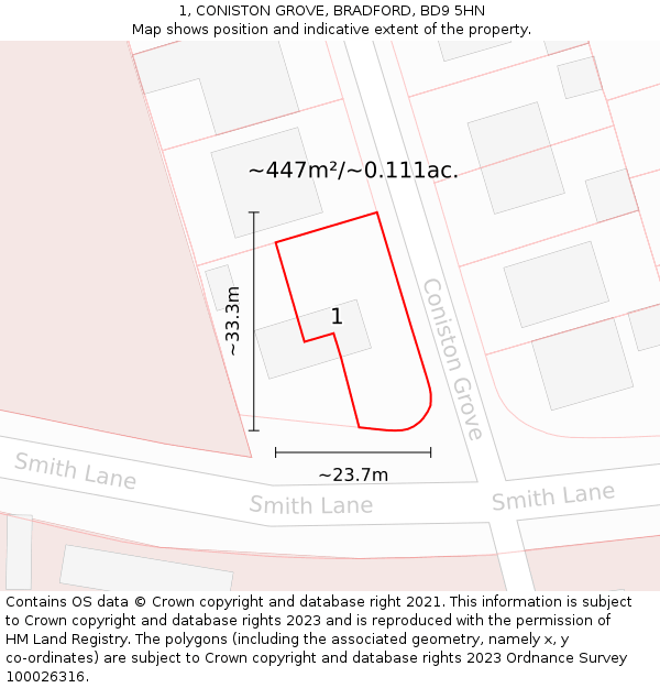 1, CONISTON GROVE, BRADFORD, BD9 5HN: Plot and title map
