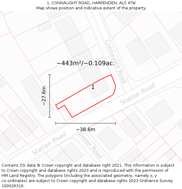 1, CONNAUGHT ROAD, HARPENDEN, AL5 4TW: Plot and title map