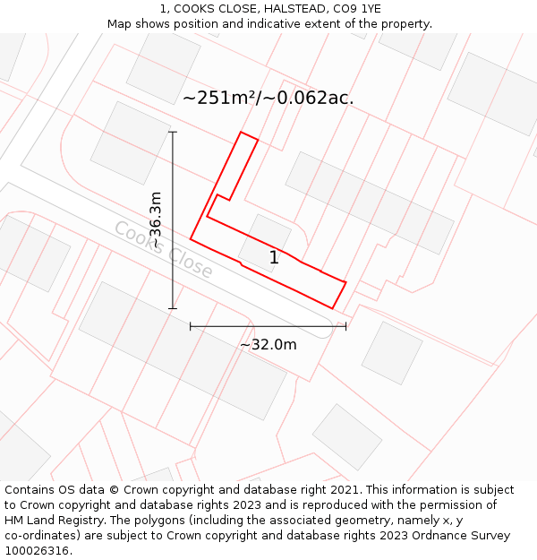 1, COOKS CLOSE, HALSTEAD, CO9 1YE: Plot and title map