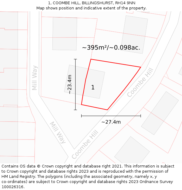 1, COOMBE HILL, BILLINGSHURST, RH14 9NN: Plot and title map