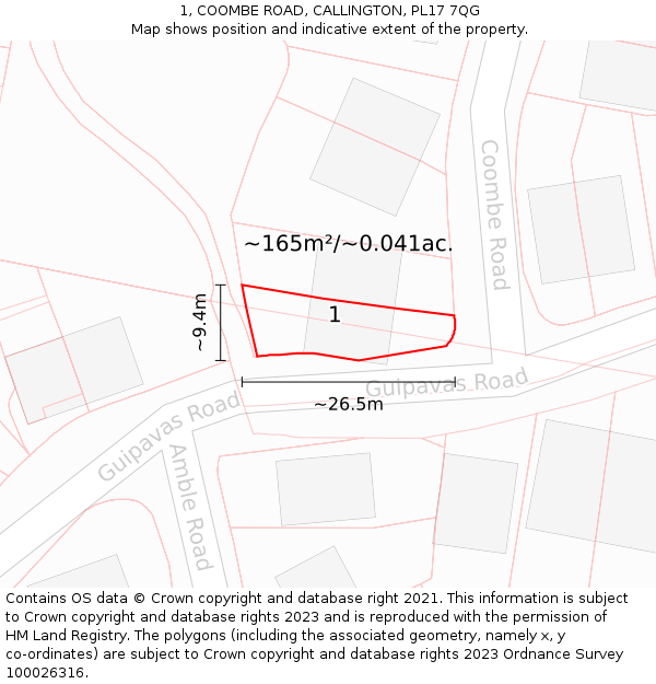 1, COOMBE ROAD, CALLINGTON, PL17 7QG: Plot and title map